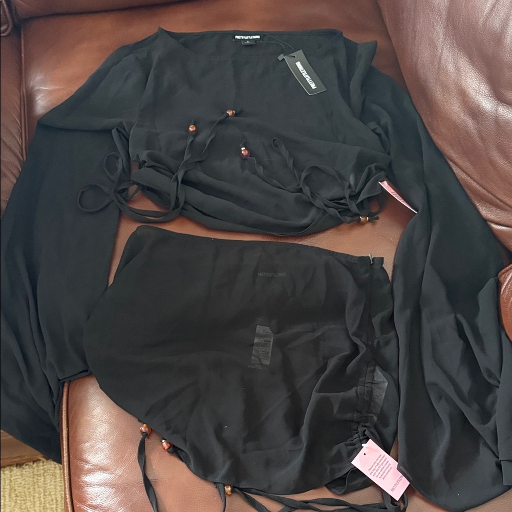 PrettyLittleThing Black Sheer Shirt & Skirt Matching Set